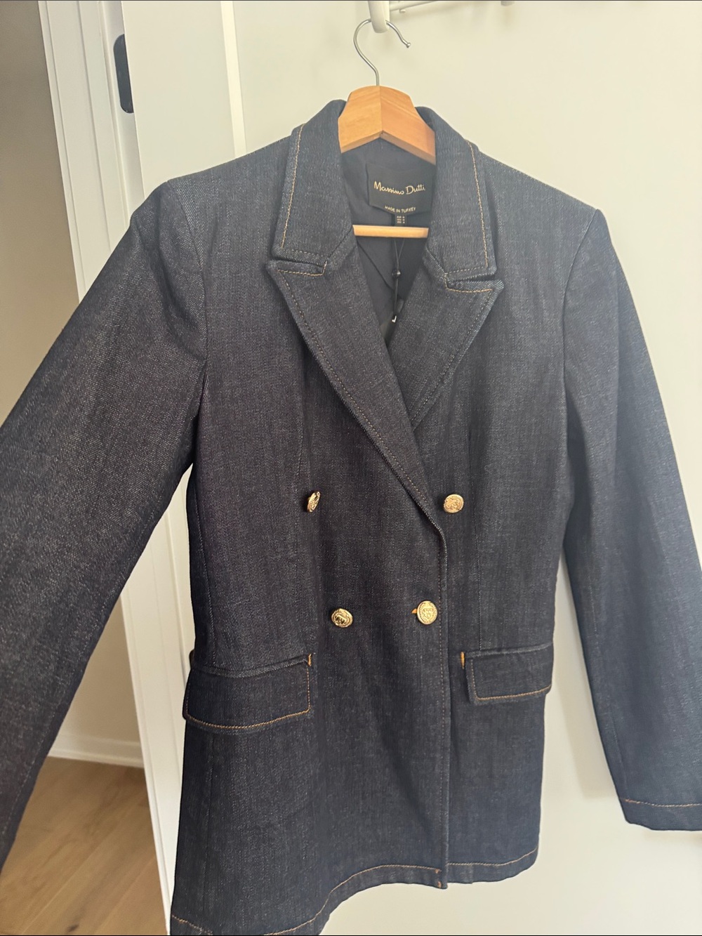 Massimo Dutti Dark Denim Navy Double-Breasted Denim Blazer